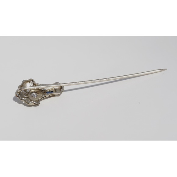 Antique 18k Solid White Gold Old Mine‎ Cut Diamond Sapphire Stickpin - Hat pin - Picture 7 of 11